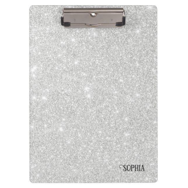 Silver Glitter Texture White Sparkling Shiny Clipboard (Front)