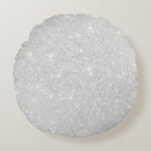 Silver Glitter Texture White Sparkling Shiny Round Cushion