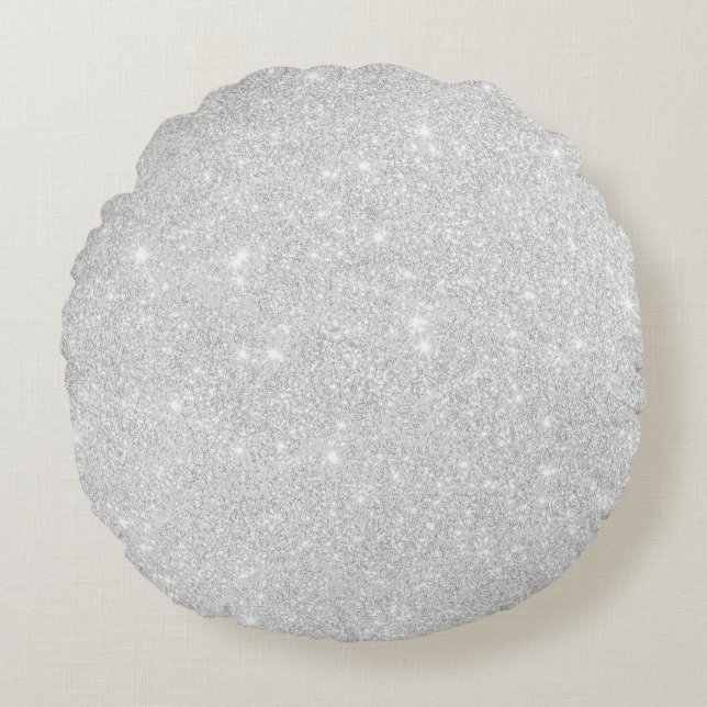 Silver Glitter Texture White Sparkling Shiny Round Cushion (Front)