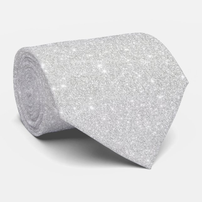 Silver Glitter Texture White Sparkling Shiny Tie (Rolled)