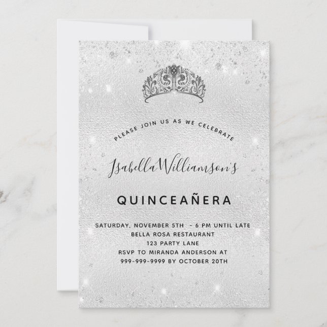 Silver glitter tiara crown Quinceanera Invitation (Front)
