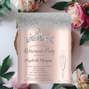 Silver Glitter Tiara Glass Rose Gold Retirement  Invitation