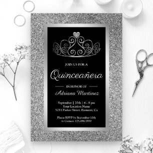 Silver Glitter Tiara Princess Black Quinceanera Invitation