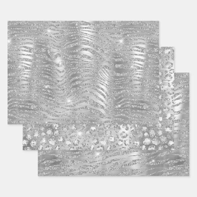Silver Glitter Tiger Stripes & Leopard Spots Wrapping Paper Sheet (Set)