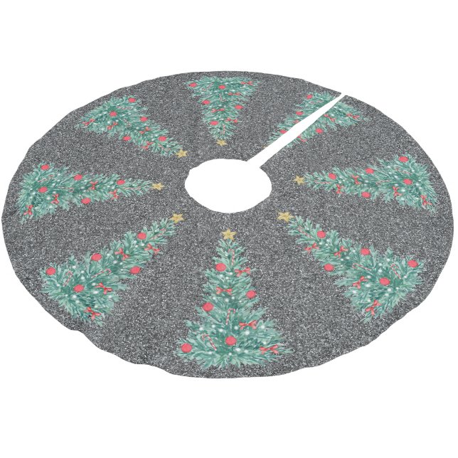 Silver Glitter Traditional Classic Christmas Tree Brushed Polyester Tree Skirt (Angled)