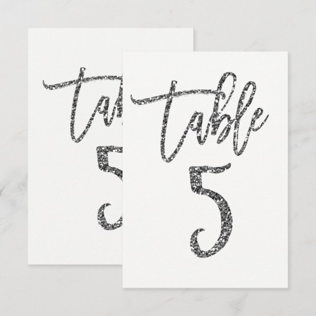 Silver Glitter Trendy Modern Script Table Number 5 (Front/Back)