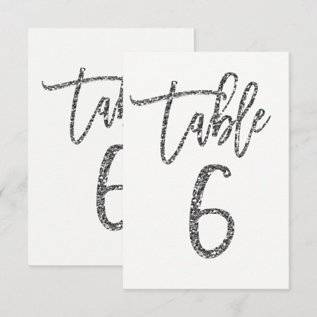 Silver Glitter Trendy Modern Script Table Number 6 (Front/Back)