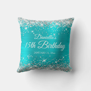 Silver Glitter Turquoise Blue 15th Birthday Cushion