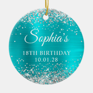 Silver Glitter Turquoise Blue 18th Birthday Photo Ceramic Ornament