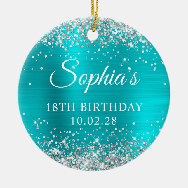 Silver Glitter Turquoise Blue 18th Birthday Photo Ceramic Ornament (Front)