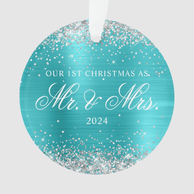Silver Glitter Turquoise Blue Foil 1st Christmas Ornament (Front)