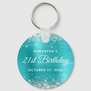Silver Glitter Turquoise Blue Foil 21st Birthday Key Ring