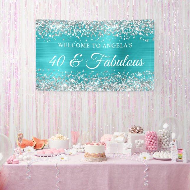 Silver Glitter Turquoise Blue Foil 40 & Fabulous Banner (Party)