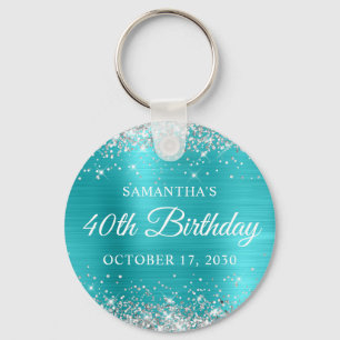 Silver Glitter Turquoise Blue Foil 40th Birthday Key Ring