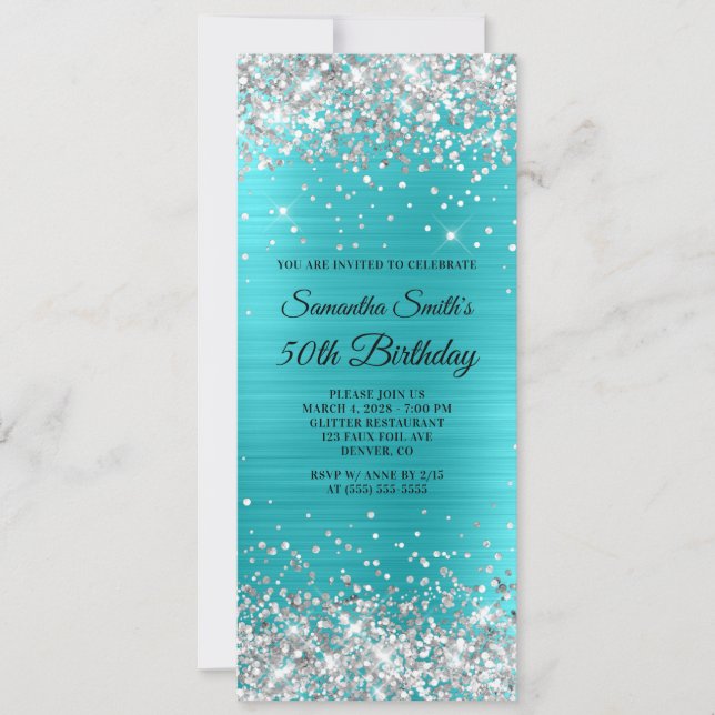 Silver Glitter Turquoise Blue Foil 50th Birthday Invitation (Front)