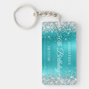 Silver Glitter Turquoise Blue Foil 50th Birthday Key Ring