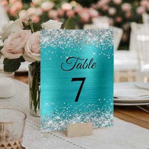 Silver Glitter Turquoise Blue Foil Elegant Table Number