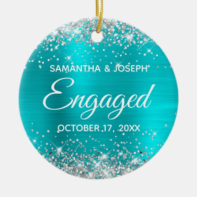 Silver Glitter Turquoise Blue Foil Engaged Ceramic Ornament (Front)