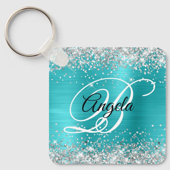 Silver Glitter Turquoise Blue Foil Fancy Monogram Key Ring (Front)
