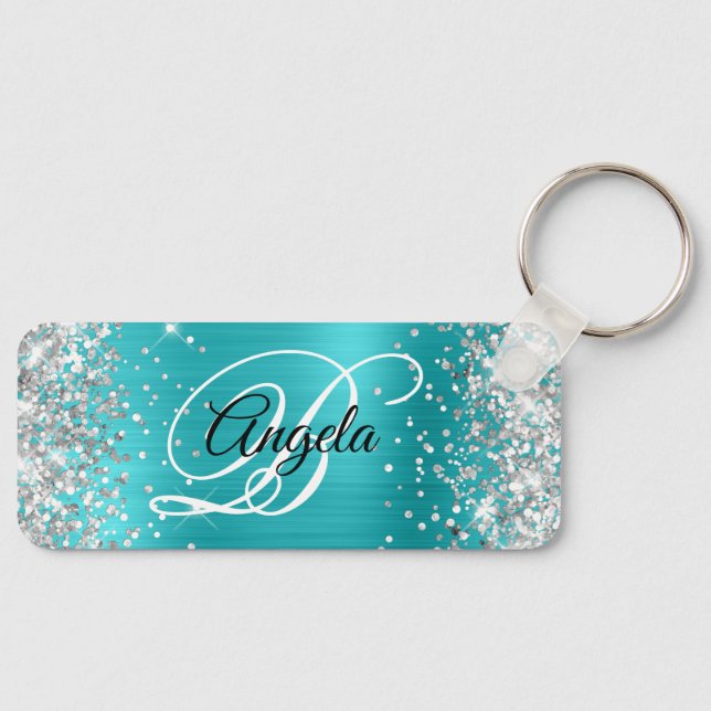 Silver Glitter Turquoise Blue Foil Fancy Monogram Key Ring (Front)