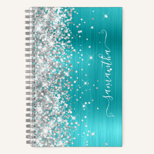 Silver Glitter Turquoise Blue Foil Girly Signature Notebook