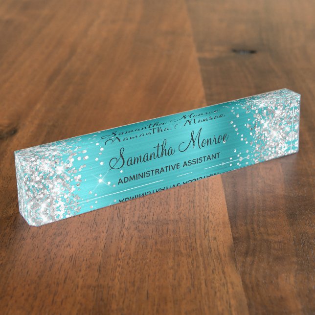 Silver Glitter Turquoise Blue Foil Nameplate (Side)