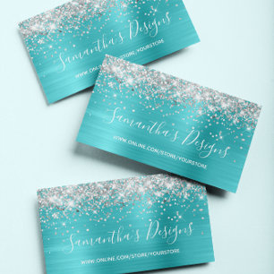Silver Glitter Turquoise Blue Foil Online Store Business Card