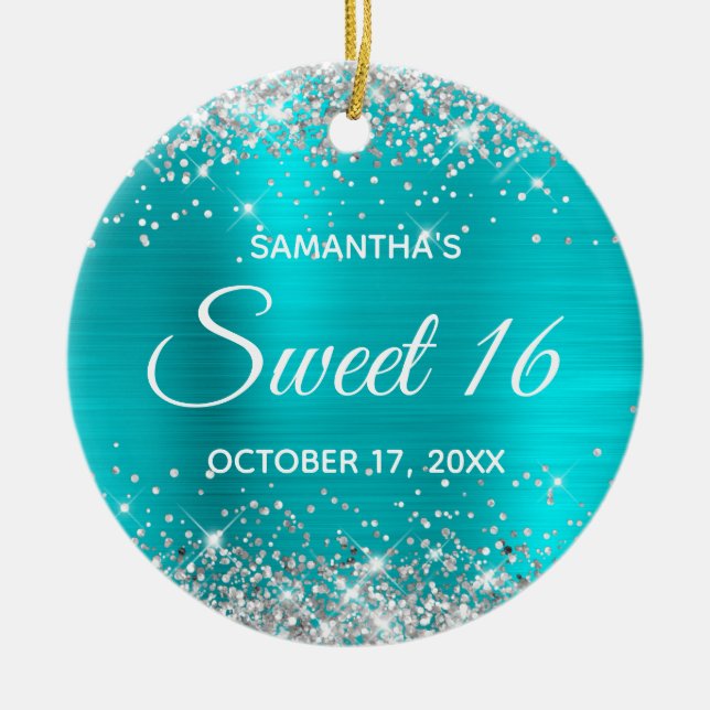 Silver Glitter Turquoise Blue Foil Sweet 16 Ceramic Ornament (Front)