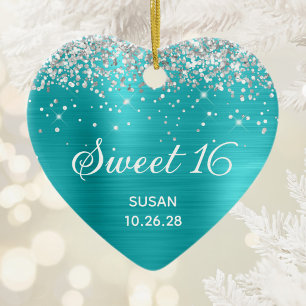 Silver Glitter Turquoise Blue Foil Sweet 16 Photo Ceramic Ornament