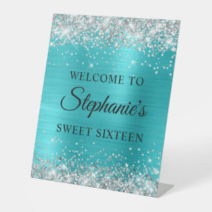 Silver Glitter Turquoise Blue Foil Sweet Sixteen Pedestal Sign