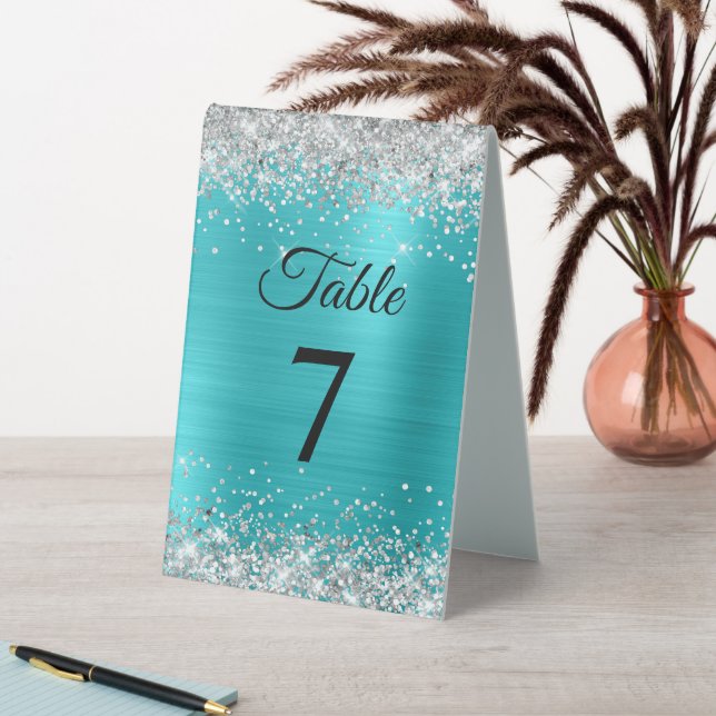Silver Glitter Turquoise Blue Foil Table Number (In SItu (Table))