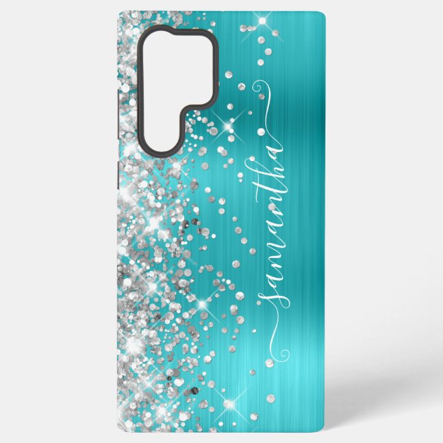 Silver Glitter Turquoise Blue Girly Signature Samsung Galaxy S22 Ultra Case (Back)