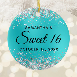 Silver Glitter Turquoise Blue Glam Sweet 16 Ceramic Ornament