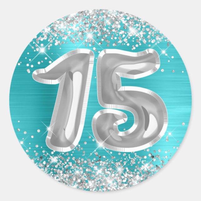 Silver Glitter Turquoise Blue Number 15 Birthday Classic Round Sticker (Front)