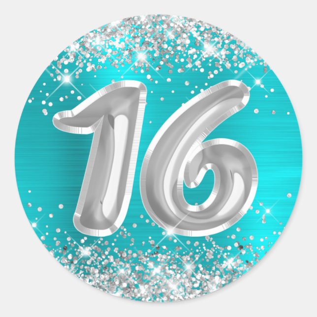 Silver Glitter Turquoise Blue Number 16 Birthday Classic Round Sticker (Front)