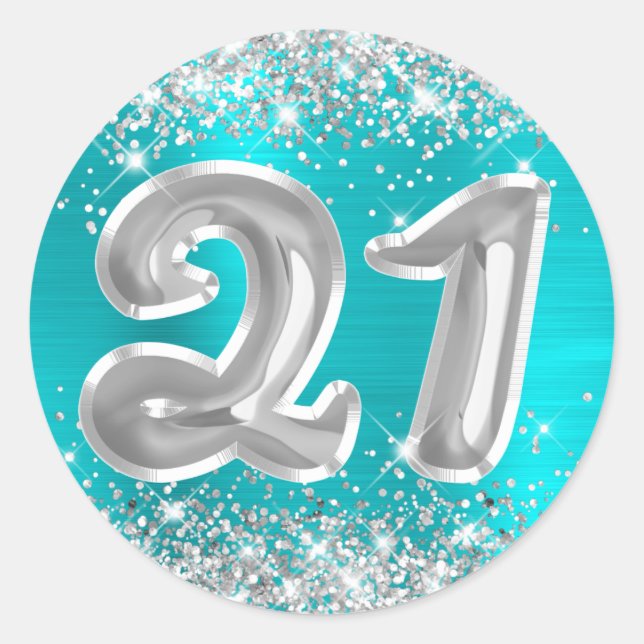 Silver Glitter Turquoise Blue Number 21 Birthday Classic Round Sticker (Front)