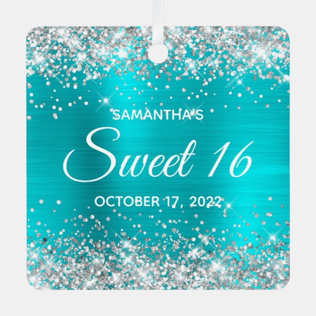 Silver Glitter Turquoise Blue Ombre Foil Sweet 16 Metal Tree Decoration (Front)