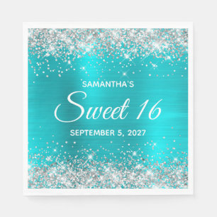 Silver Glitter Turquoise Blue Ombre Foil Sweet 16 Napkin