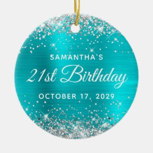 Silver Glitter Turquoise Foil 21st Birthday Ceramic Ornament