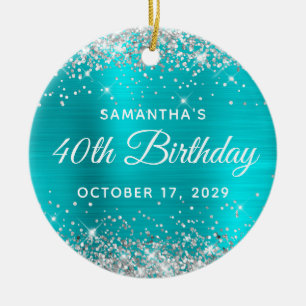 Silver Glitter Turquoise Foil 40th Birthday Ceramic Ornament