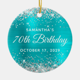 Silver Glitter Turquoise Foil 70th Birthday Ceramic Ornament