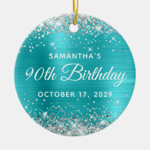 Silver Glitter Turquoise Foil 90th Birthday Ceramic Ornament