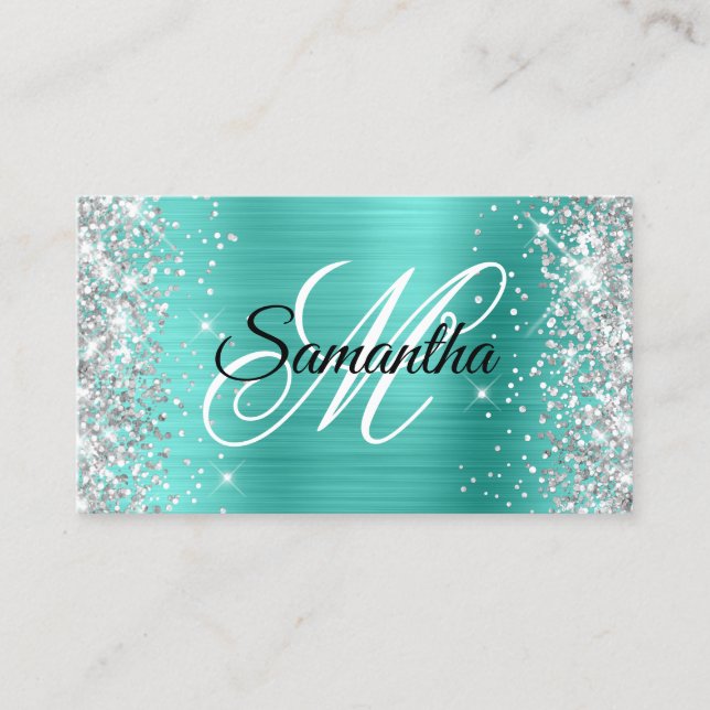 Silver Glitter Turquoise Foil Fancy Monogram Business Card (Front)