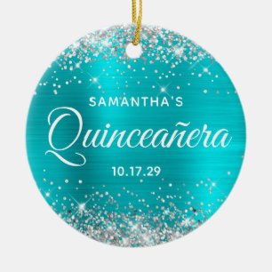 Silver Glitter Turquoise Foil Quinceañera Ceramic Ornament