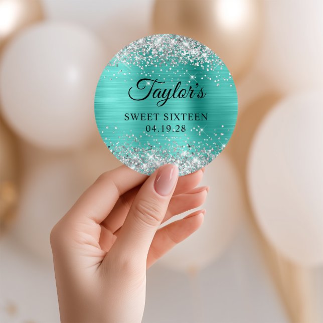 Silver Glitter Turquoise Foil Sweet Sixteen Classic Round Sticker (Silver Glitter Turquoise Foil Sweet Sixteen Classic Round Sticker)