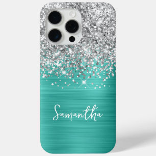 Silver Glitter Turquoise Glam Name iPhone 15 Pro Max Case