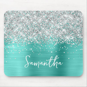 Silver Glitter Turquoise Glam Name Mouse Pad