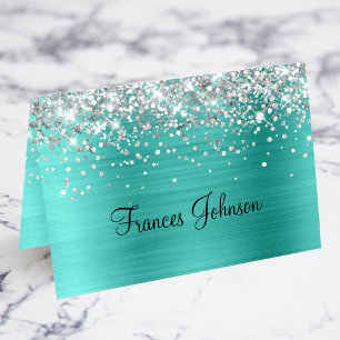 Silver Glitter Turquoise Individual Place Cards