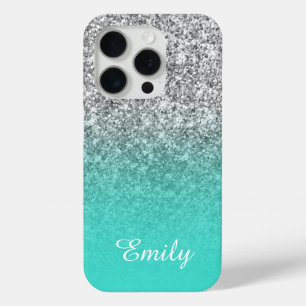 Silver Glitter Turquoise Ombre Personalised iPhone 15 Pro Case