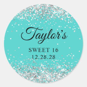 Silver Glitter Turquoise Sweet 16 Classic Round Sticker